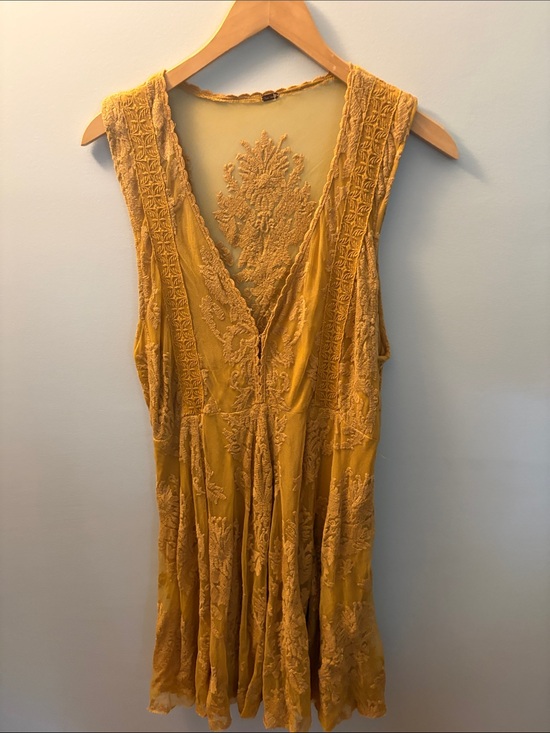 Free People Dresses & Skirts - Free People Mustard Yellow Embroidered V-Neck Mini Dress